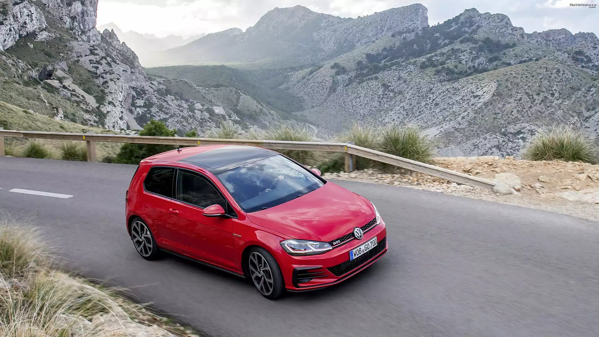 Czerwony, Vokswagen Golf 7, GTI Facelift, 2017, Góry, Droga, Barierka