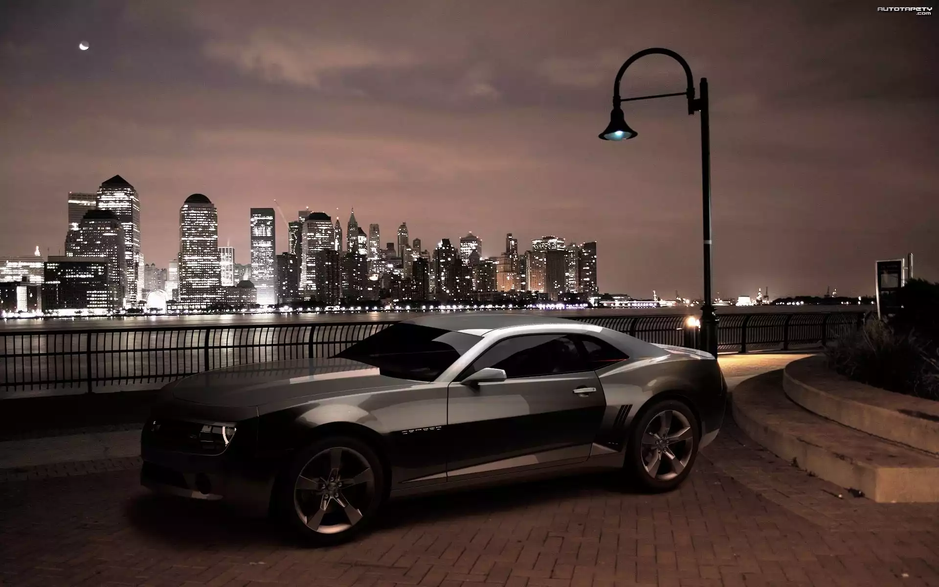 Chevrolet, Camaro, Miasto, Rzeka, Latarnia, Noc