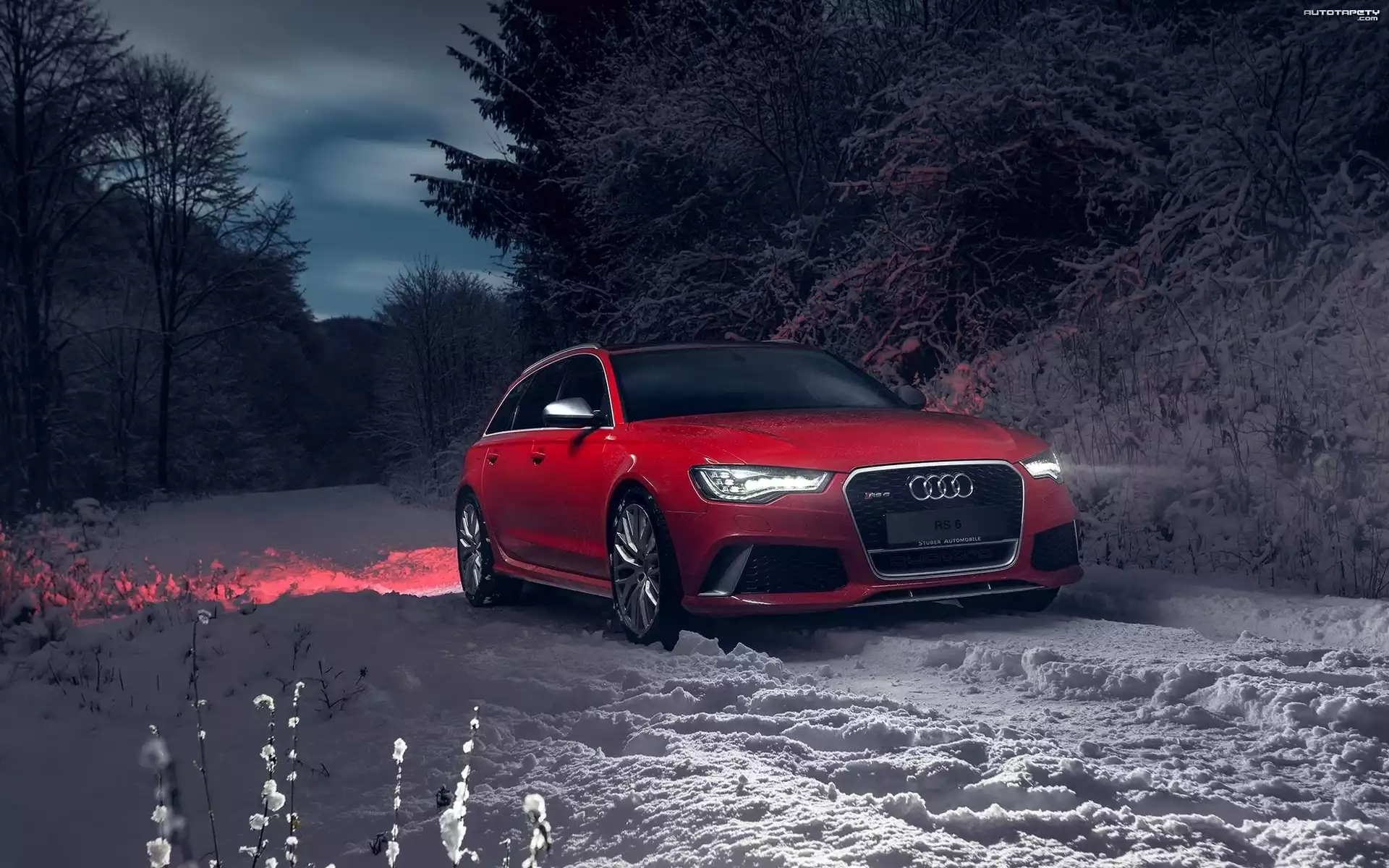 Czerwony, Samochód, Audi, Noc, Las, Zima