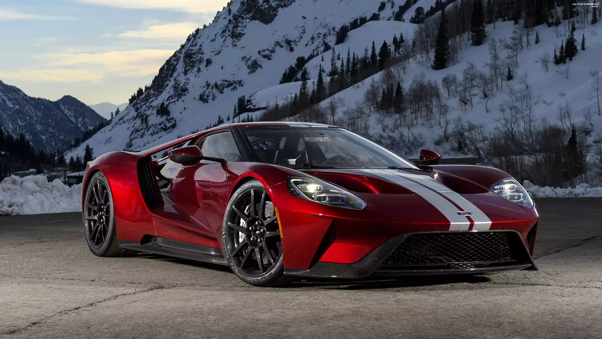 Czerwony, Ford GT, 2017, Ośnieżone, Góry
