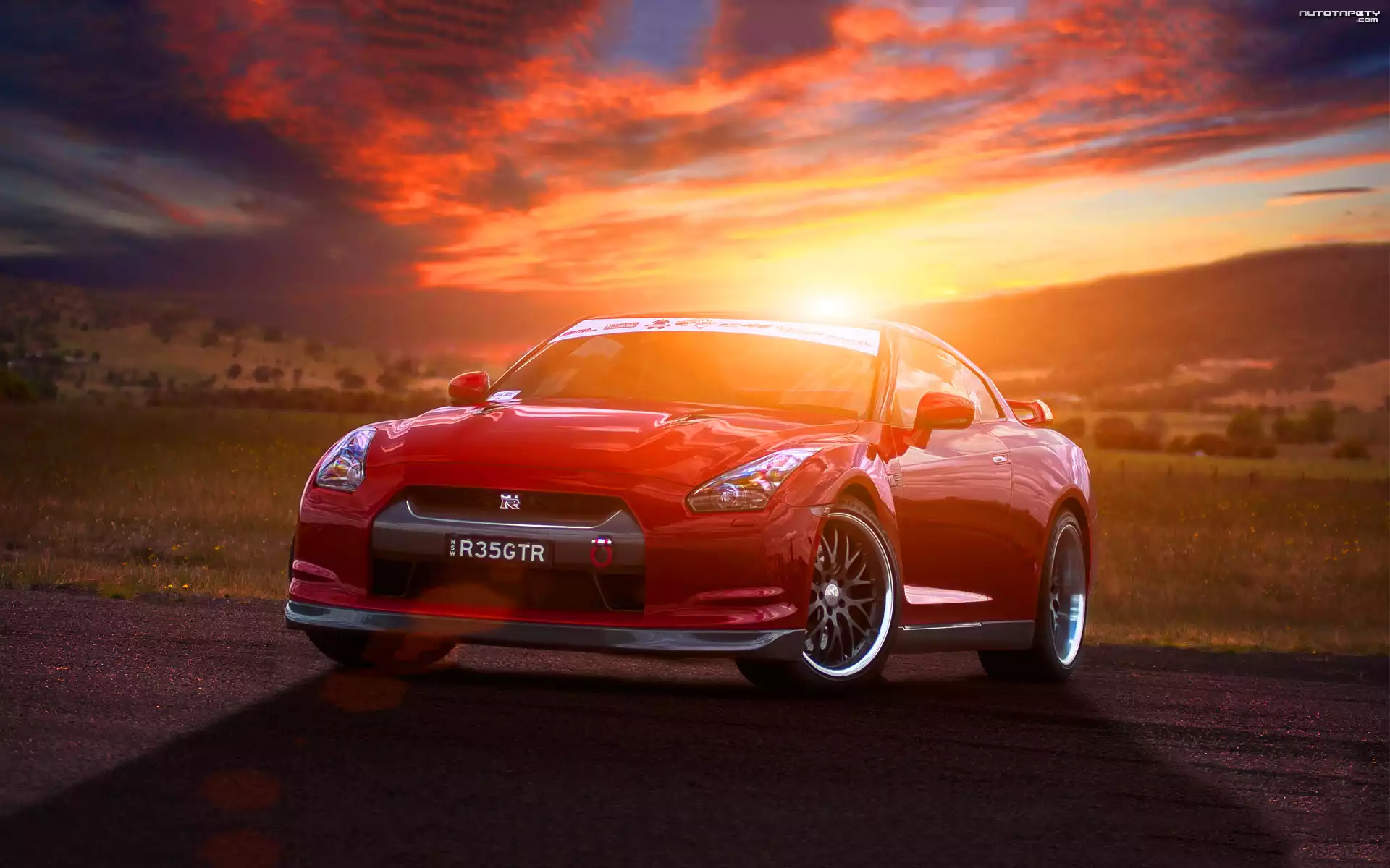 Samochód, Czerwony, Nissan Gtr35, Droga, Zachód Słońca