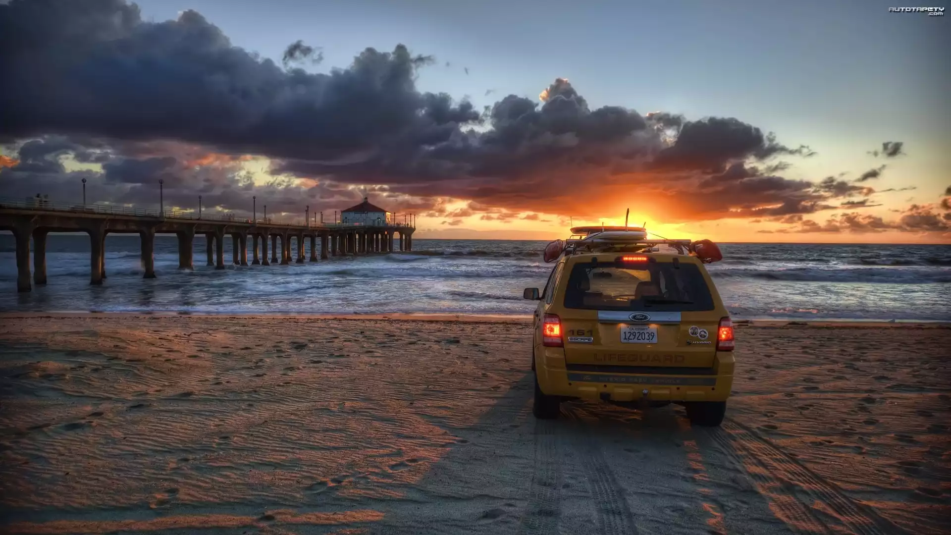Ford Escape Hybrid, Plaża, Molo, Zachód słońca, Chmury