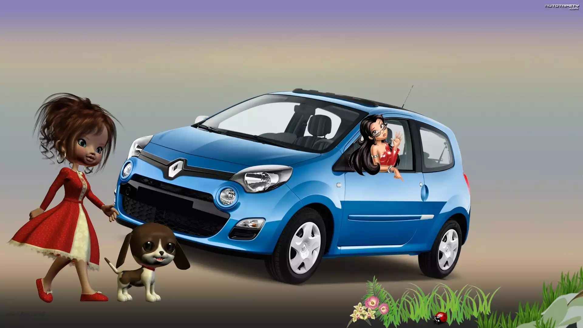 Grafika, Samochód, Laleczki, Pies, Renault