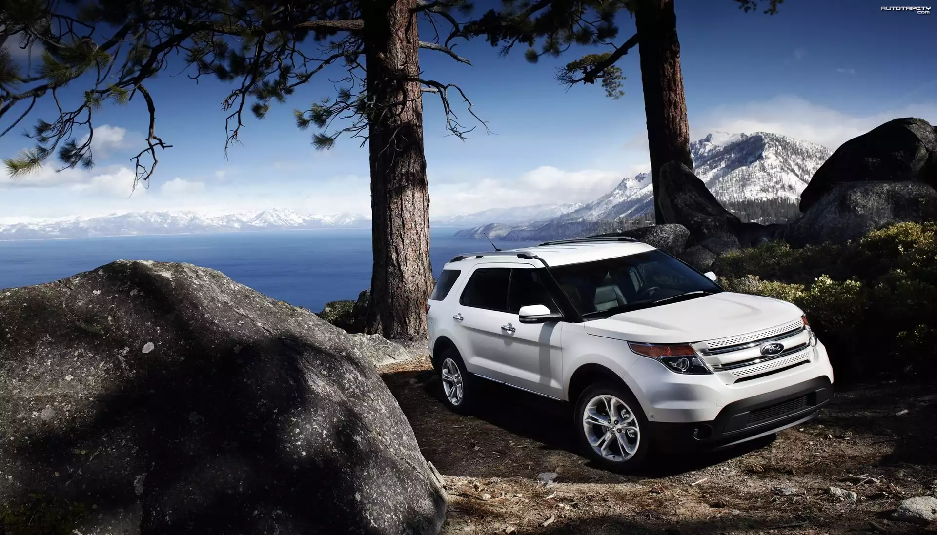 Góry, Jezioro, Kamienie, Biały Ford 2011 Explorer
