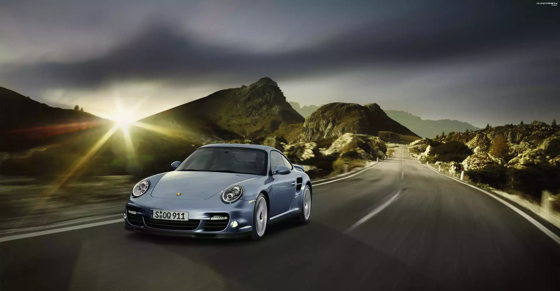 Samochód, Porsche, 911, Turbo, Droga, Góry, Promienie, Słońca