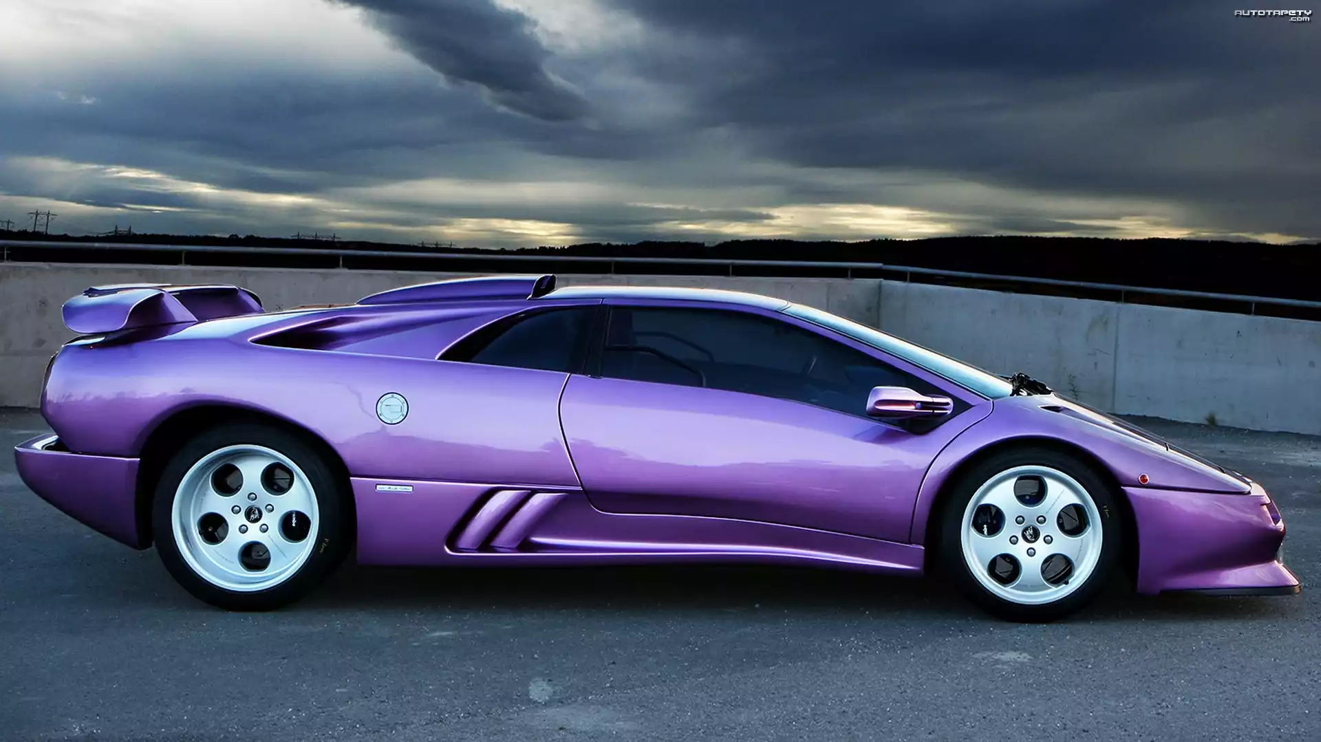 Fioletowy, Samochód, Lamborghini, Diablo, Niebo, Chmury