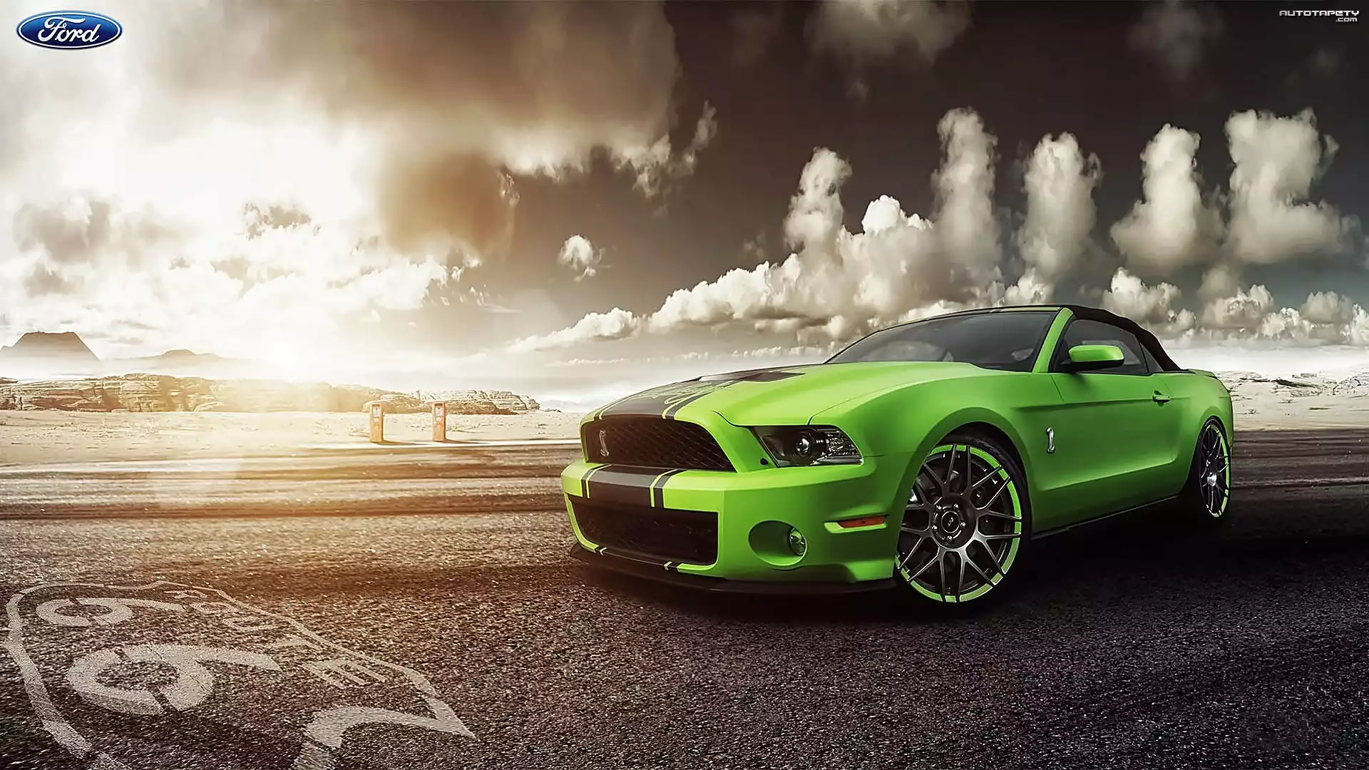 Zielony, Samochód, Ford, Mustang, Droga, Chmury