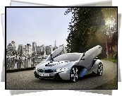 BMW i8 Concept, Otwarte, Drzwi, Miasto