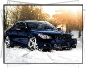 Granatowy, Samochód, BMW, M5, Śnieg, Drzewa