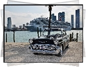 Zabytkowy, Chevrolet, Bel Air, 1954, Statek, Drapacze Chmur